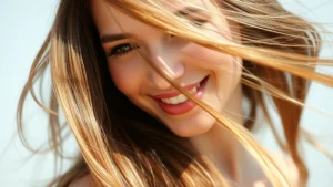 Woman with thick, shiny, healthy hair flowing in natural light, radiant and confident expression, close-up of hair texture showing vitality and strength, no styling products visible