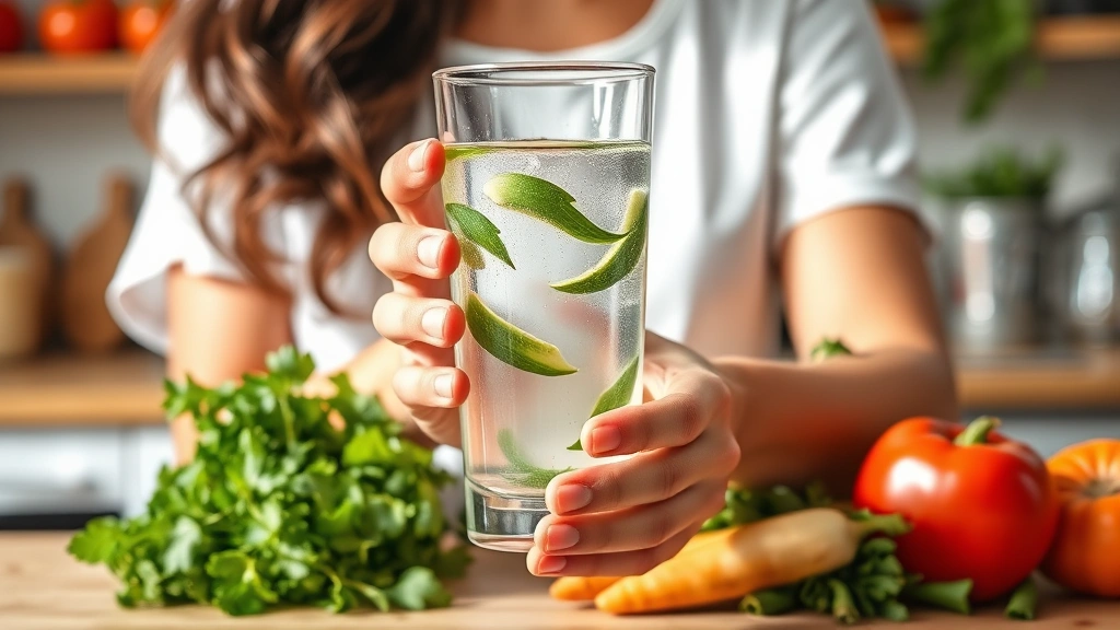 Person holding a transparent glass of water with fresh vegetables and herbs surrounding it, representing nutrition and wellness for hair health, bright natural kitchen lighting