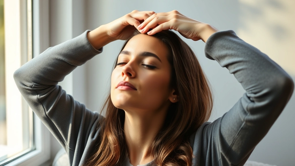 Woman doing scalp massage with eyes closed in peaceful expression, sitting by window with natural sunlight, representing self-care and hair wellness routine, relaxed and mindful