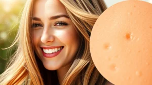 Woman with visibly thick, shiny, healthy hair flowing naturally in sunlight, confident smile, close-up of scalp showing vibrant follicles, morning wellness routine setting, photorealistic