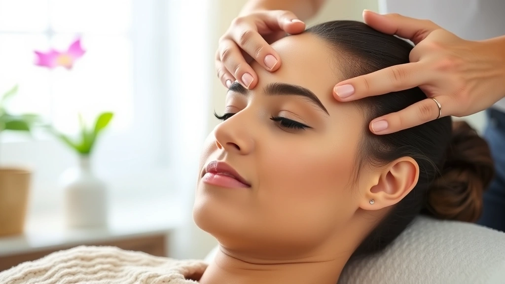 Person performing scalp massage with gentle hand motion, peaceful expression, natural lighting from window, spa-like wellness environment, demonstrating proper technique, professional photography