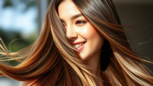 Woman with long, shiny, healthy hair flowing in natural light, smiling confidently, close-up of vibrant hair texture showing volume and strength, professional photography style