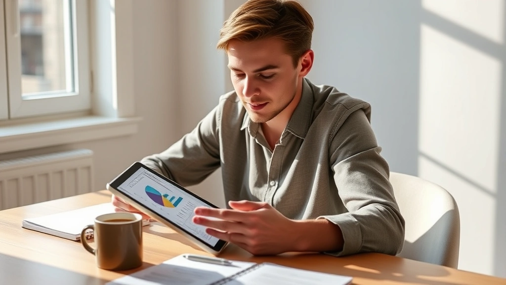 Person studying data charts and graphs on a tablet, sitting at a desk with coffee, focused expression, natural window lighting, morning setting, professional casual attire, notebook nearby
