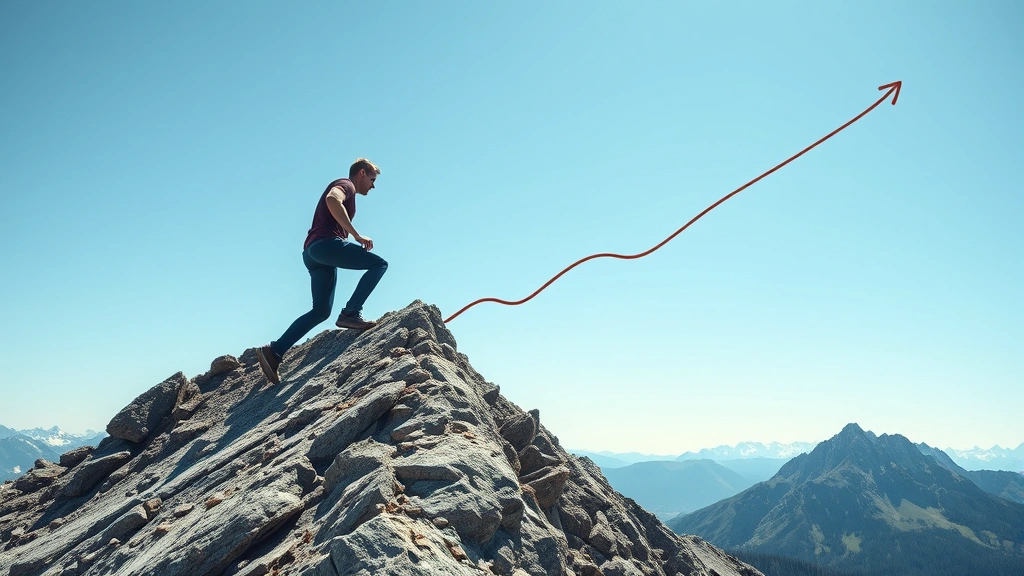 Individual climbing a mountain path with exponential trajectory lines overlaid in perspective, representing growth acceleration, clear sky, determined posture, athletic build, outdoor natural setting