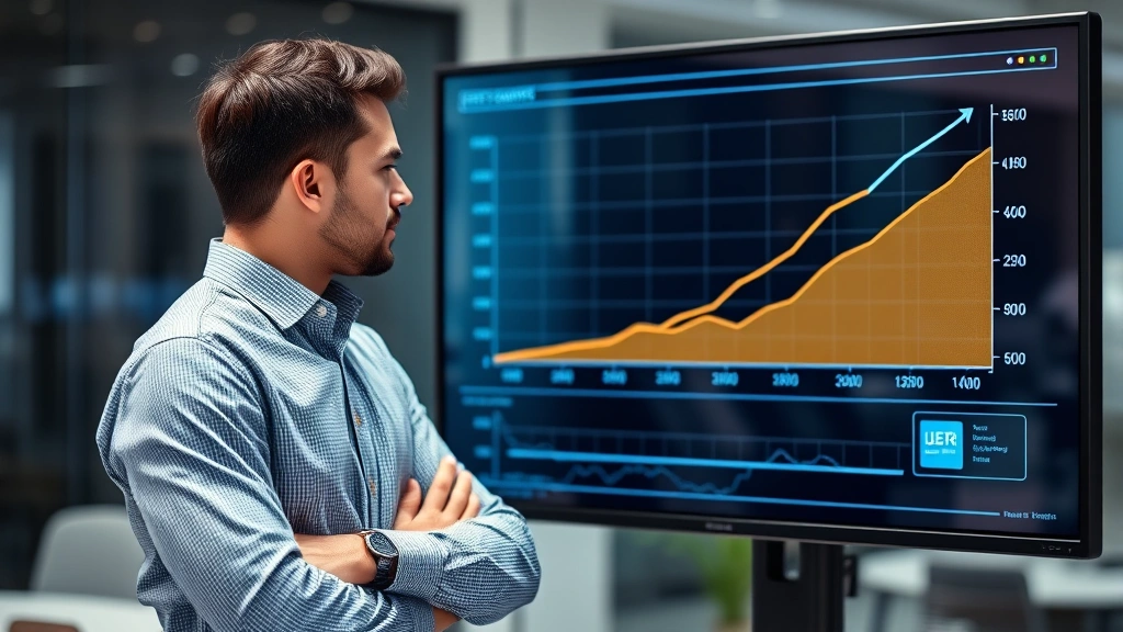 Professional reviewing exponential growth curves on a large display monitor, standing confidently, business casual clothing, modern office background slightly blurred, analytical mindset visible
