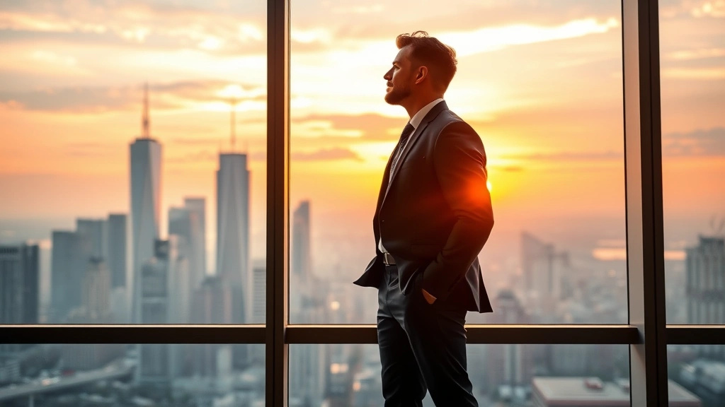 A confident man in professional attire standing at a large window overlooking a city skyline at sunrise, hands in pockets, looking forward with determined expression, morning light illuminating his face showing growth mindset