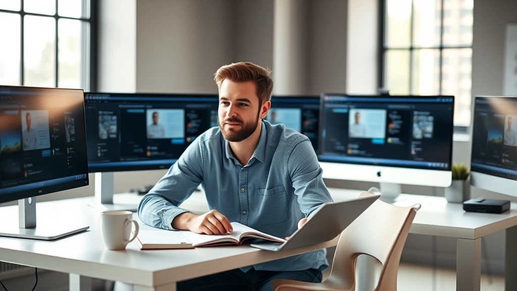 A man sitting at a modern desk with multiple monitors, notebook, and coffee, actively engaged in learning online course, focused expression, natural daylight streaming through windows, representing professional development and skill building
