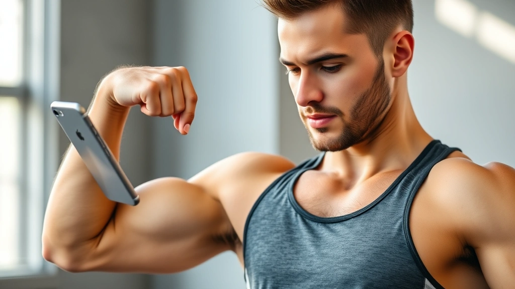 A man in gym attire flexing bicep while checking fitness progress on smartphone, natural lighting, showing physical and mental wellness integration, confident posture reflecting personal achievement and growth momentum