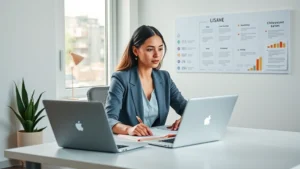 A determined professional woman sitting at a minimalist desk with a laptop and notebook, looking at a vision board on the wall with goal milestones and achievement markers, natural morning light streaming through a window, focused expression showing determination and clarity