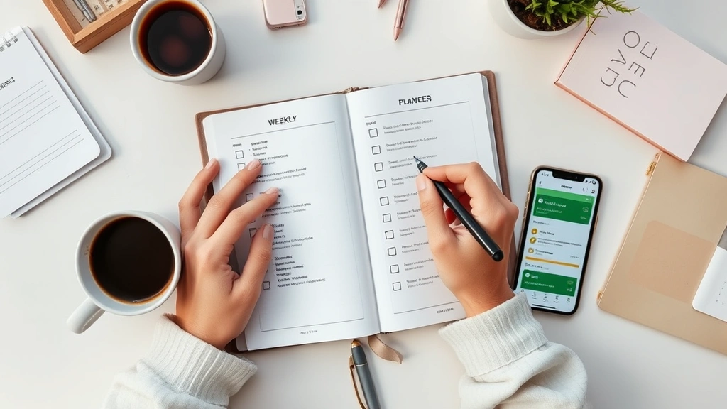 An overhead shot of a person's hands writing in a structured planner with weekly goals and checkboxes, surrounded by a cup of coffee and a smartphone showing progress tracking, clean organized workspace, warm natural lighting emphasizing productivity and intentional planning