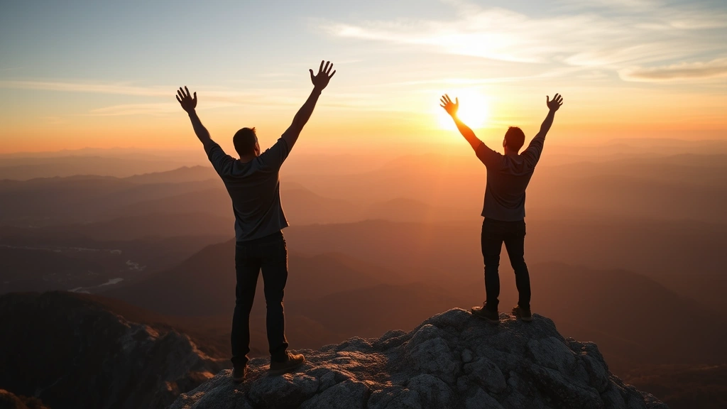 A confident man standing on a mountain summit at sunrise, arms raised in achievement, looking at a vast landscape stretching before him, representing goal milestone completion and personal growth journey, golden hour lighting, sense of accomplishment and forward momentum