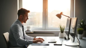 Professional in focused work environment, morning light through window, minimalist desk with single task, calm concentration, natural productivity rhythm, photorealistic, no text