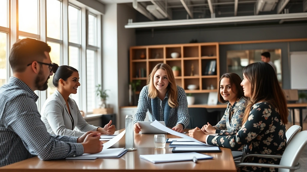 Team collaborating in well-designed space, accountability partners discussing goals, positive energy, clear communication, productivity culture, natural lighting, photorealistic, no visible text or documents