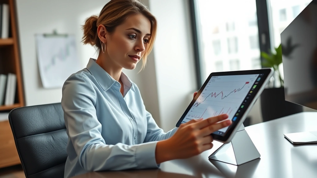 A professional woman reviewing investment charts on a tablet at a modern workspace desk, displaying focused determination and financial analysis, natural lighting from office window, photorealistic style