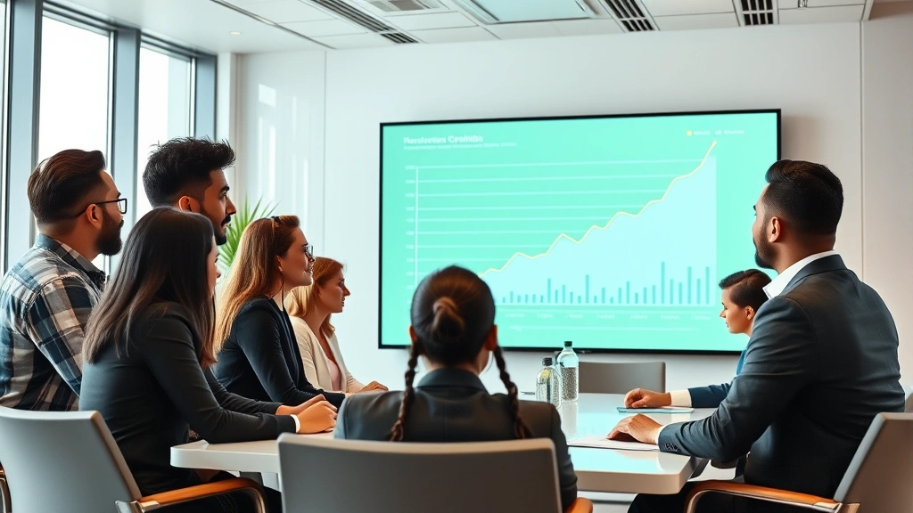 A diverse group of investors in a modern conference room examining growth trend graphs on a large display screen, collaborative energy, professional attire, realistic photography