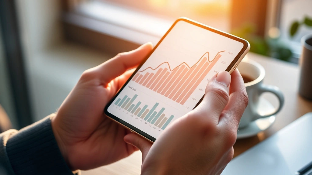 Close-up of hands holding a smartphone showing upward trending portfolio performance graph, morning sunlight, coffee cup nearby, photorealistic business imagery
