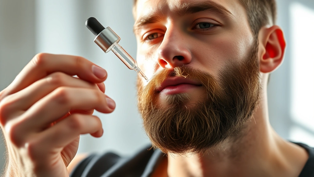 Man applying minoxidil solution to beard area with dropper, focused concentration, professional grooming setting, natural lighting on face