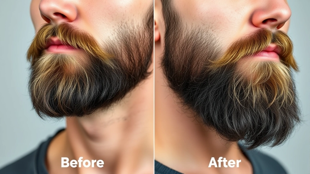Before and after beard growth progression showing fuller facial hair density, close-up of jaw and cheek area, professional portrait lighting