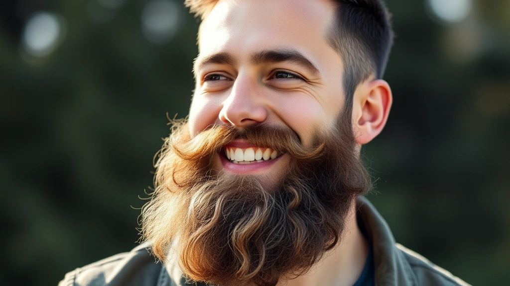 Man with healthy full beard looking confident, well-groomed appearance, natural outdoor lighting, genuine smile showing satisfaction with beard growth results