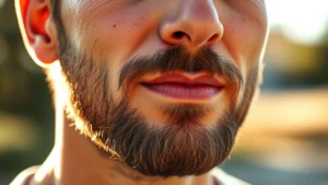 Close-up of a man's face showing beard growth progression, professional lighting, confident expression, healthy skin texture visible, natural outdoor setting with soft golden light