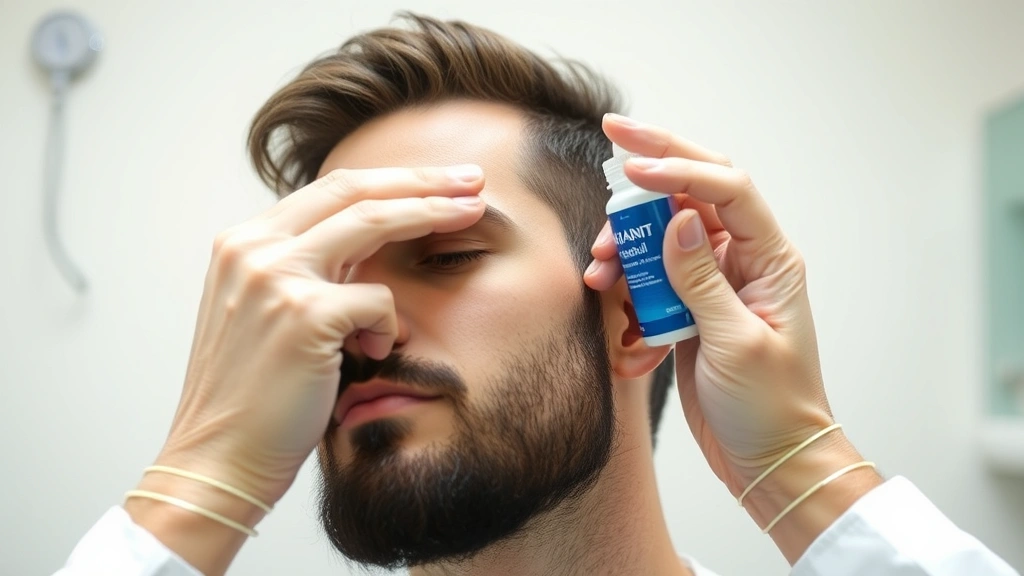 Hands applying topical minoxidil solution to beard area, clinical yet approachable setting, clear demonstration of proper application technique, professional dermatology environment