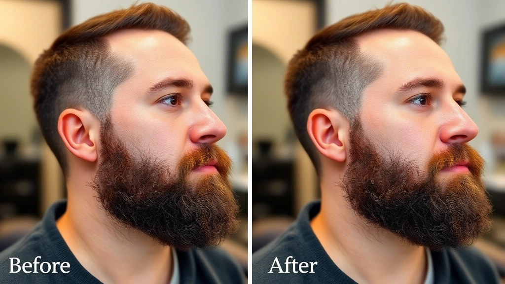 Before and after split-screen comparison of beard density and thickness improvement, same man photographed under identical lighting conditions, 6-month transformation visible, natural grooming appearance