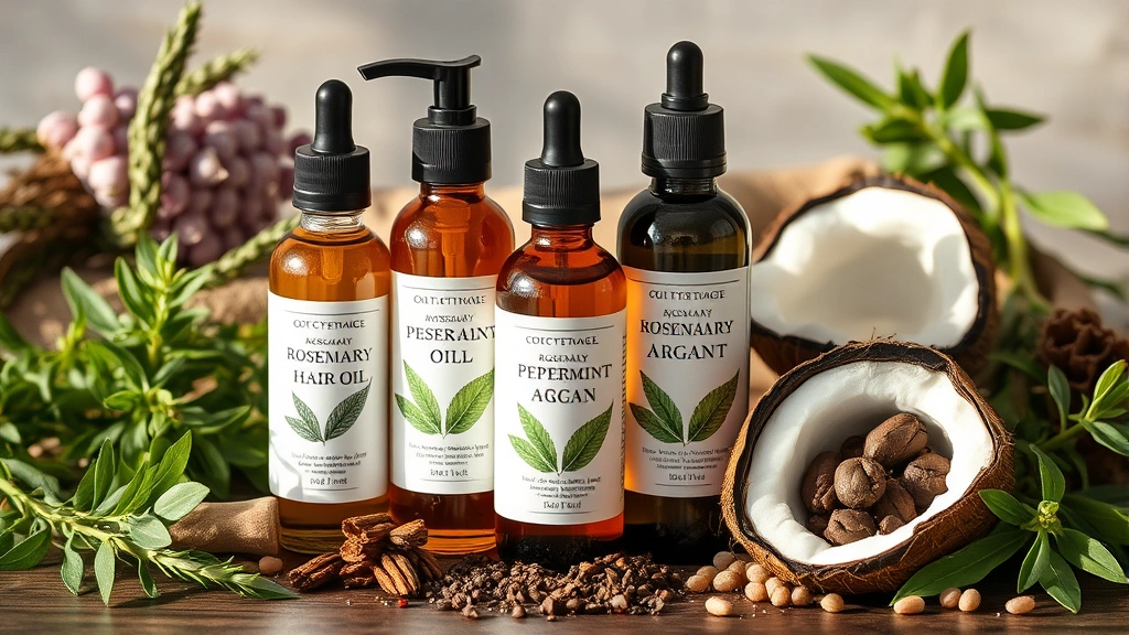 Bottles of natural hair oils (rosemary, peppermint, argan, coconut) arranged artfully with fresh botanical ingredients around them, soft natural lighting, professional presentation without labels visible, luxurious spa-like aesthetic