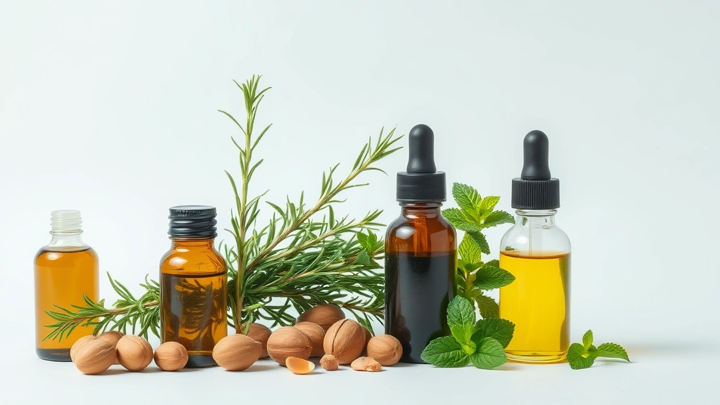 Vibrant fresh ingredients including rosemary sprigs, argan nuts, peppermint leaves arranged artfully, natural oil bottles, representing evidence-based hair growth components, clean minimalist composition
