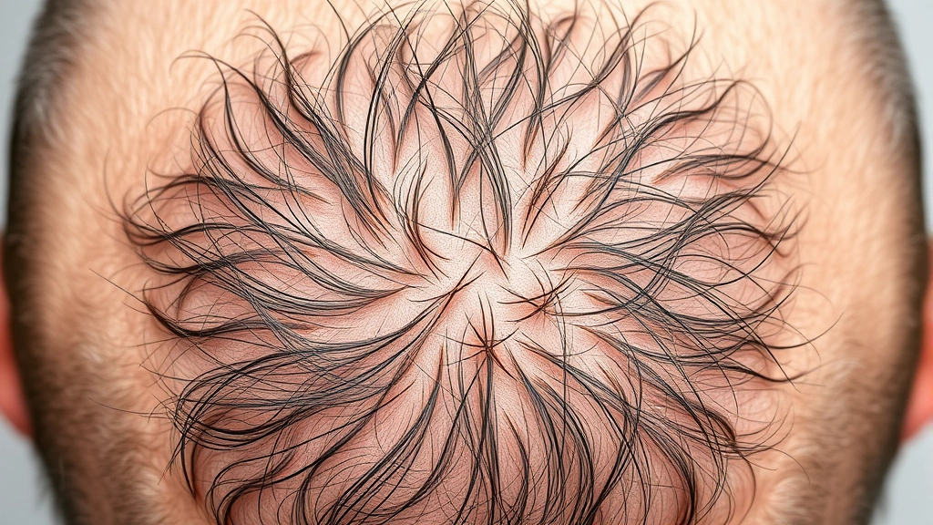 Top-down view of scalp with healthy hair follicles, clean scalp, natural lighting highlighting hair density, macro photography style, demonstrates scalp health and hair growth, no text or labels visible