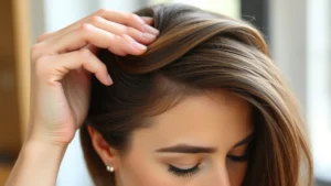 Woman with visibly healthy, thick hair running fingers through scalp, natural lighting, serene expression, close-up of hair texture showing shine and volume, professional salon setting