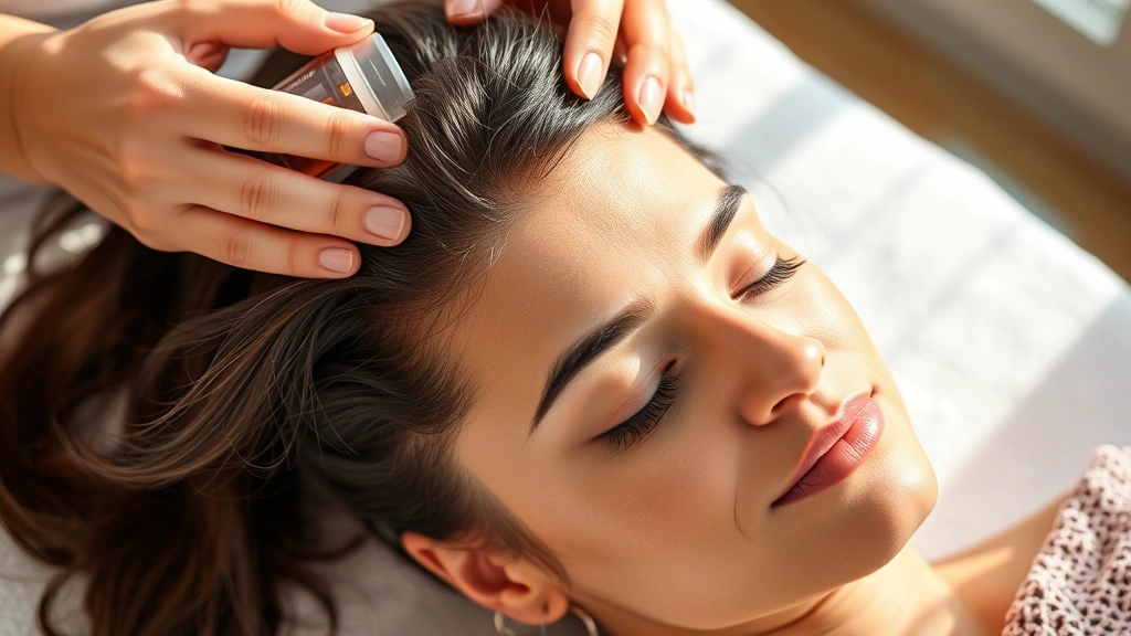 Person receiving scalp massage treatment, hands applying hair care product, relaxed facial expression, natural daylight, focusing on hair follicles and scalp health