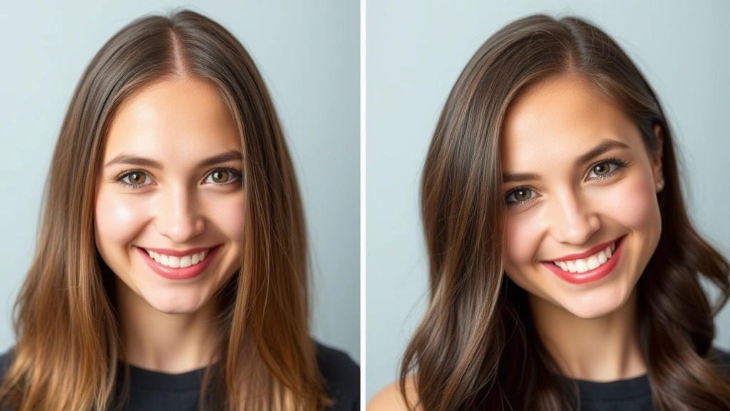 Before and after hair comparison showing improved thickness and texture, person with confident smile, healthy glowing scalp, professional photography, demonstrating hair quality enhancement