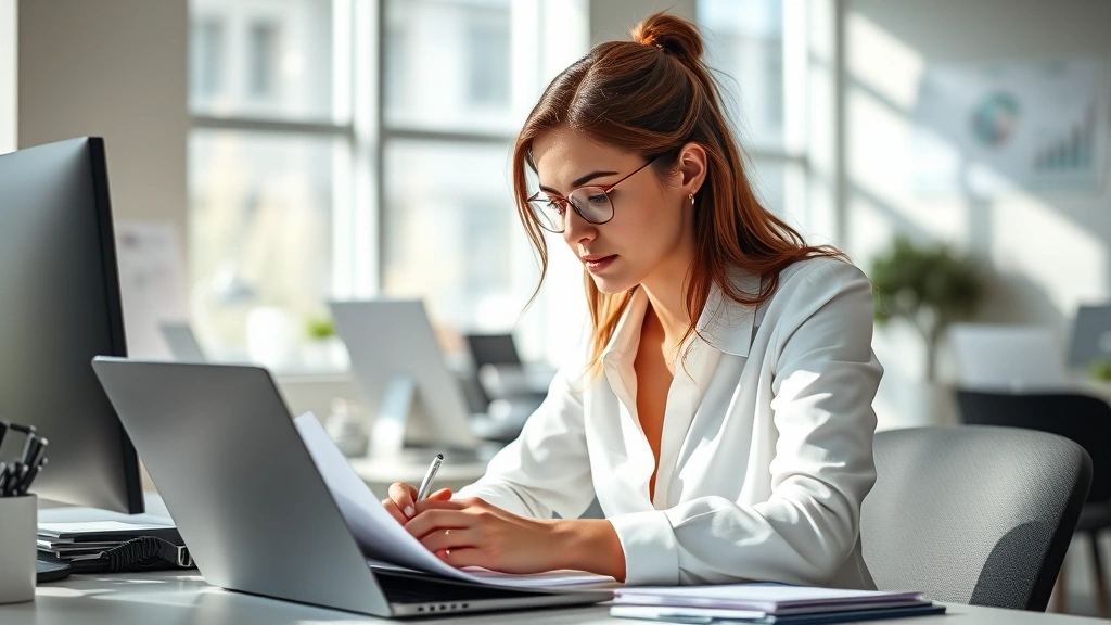 Professional woman in modern office studying intently at desk with natural light streaming through windows, surrounded by growth charts and development materials, focused expression showing determination and commitment to learning
