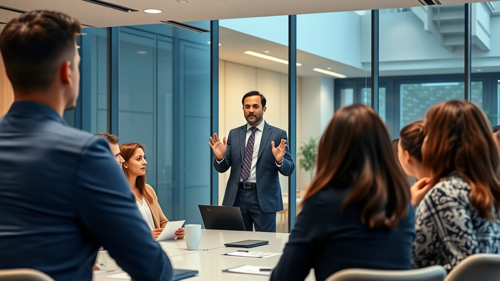 Confident professional presenting to diverse group in modern conference room, demonstrating mastery and mature stage, gesturing with authority while others listen attentively, representing contribution and mentorship