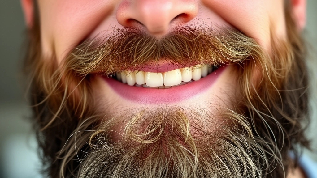 Man with thick, healthy facial hair looking confident and satisfied, natural lighting, close-up face portrait showing beard texture and density details