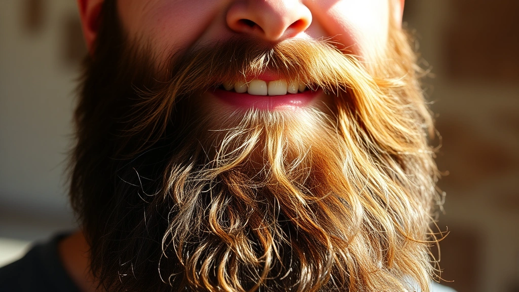 Young man with thick, healthy full beard looking confident and satisfied, natural sunlight, close-up of beard texture showing strength and vitality