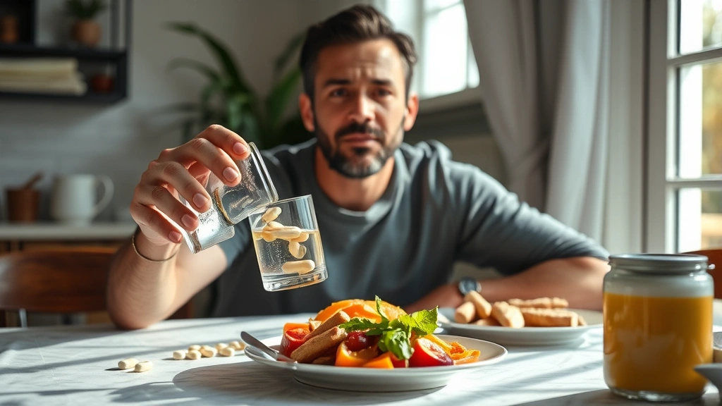 Man taking supplements with water at breakfast table, morning light, healthy meal visible, focused expression showing commitment to wellness routine