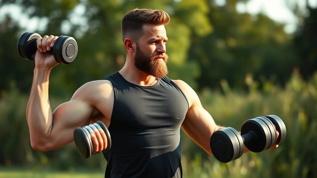 Fit man exercising outdoors with dumbbells, healthy glow, strong posture, natural setting showing active lifestyle supporting beard health and vitality