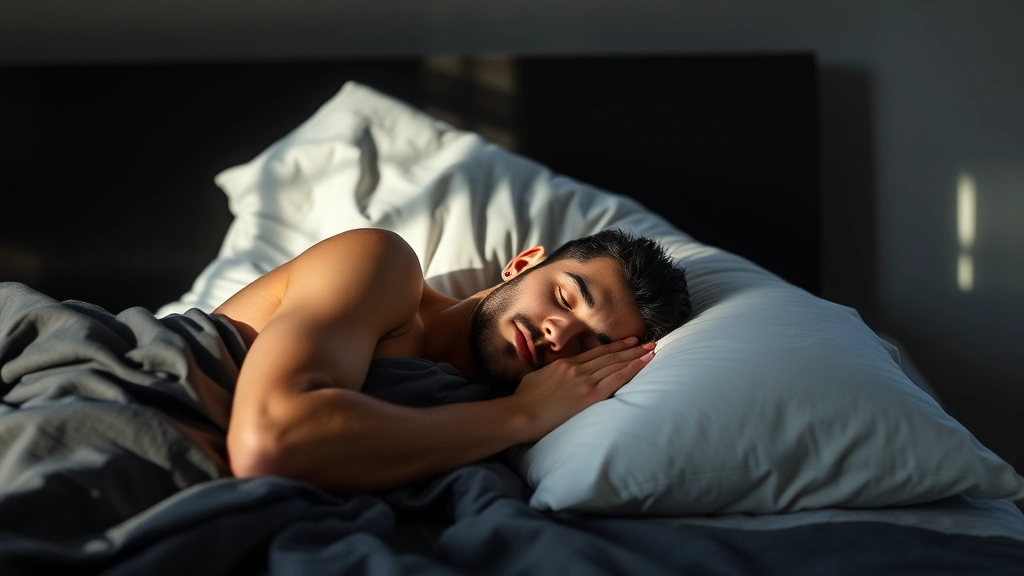 Person sleeping peacefully in dark bedroom with white pillows, morning sunlight filtering through curtains, representing recovery and rest for muscle growth