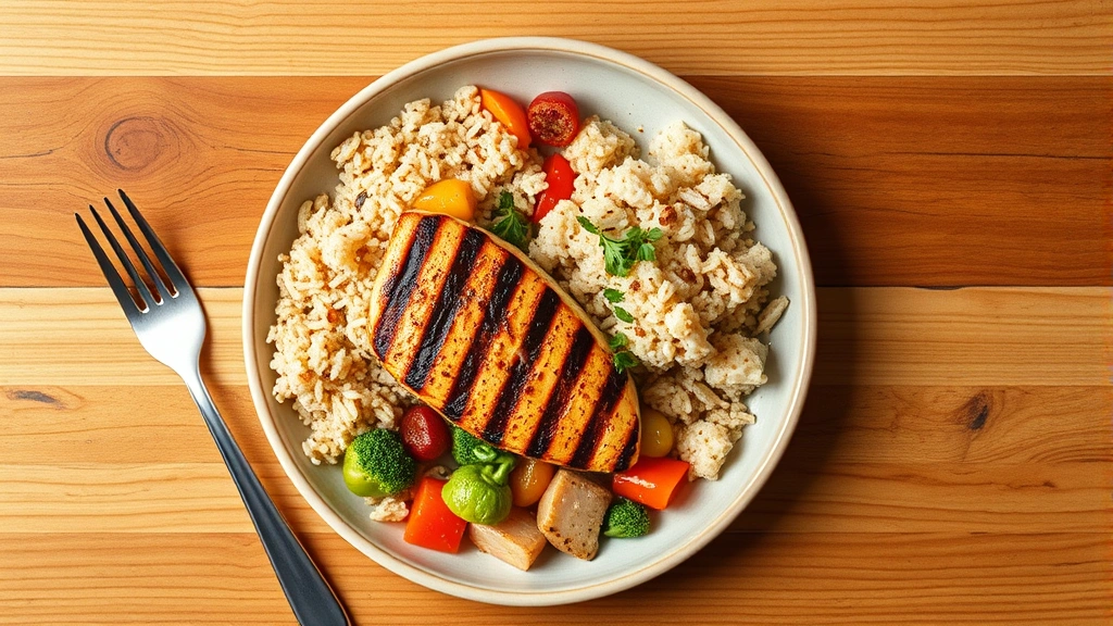 Overhead view of balanced meal plate with grilled chicken breast, brown rice, and colorful vegetables, fork beside plate, wooden table background, appetizing presentation