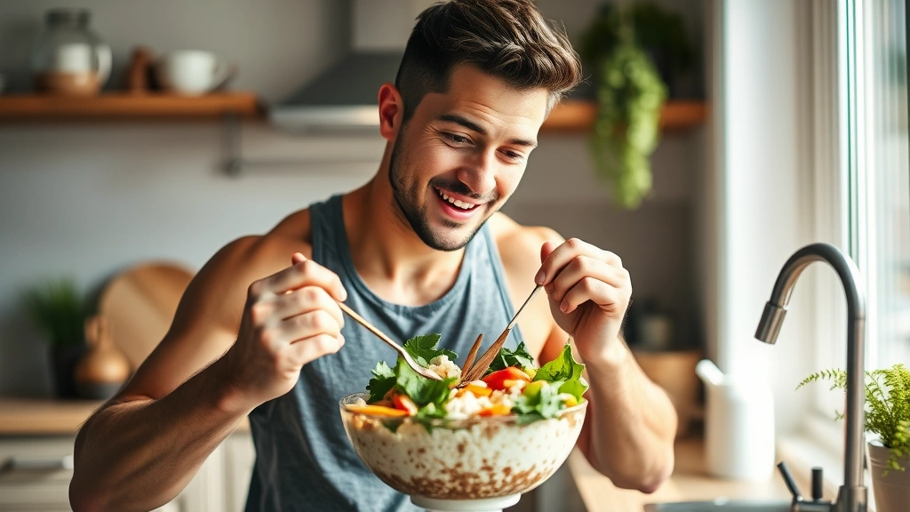 Athlete eating lean protein meal with vegetables and rice bowl, natural sunlit kitchen setting, healthy food preparation, satisfied expression, realistic food photography
