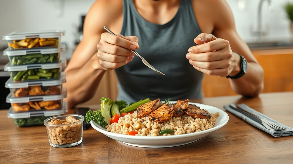 Fit individual eating protein-rich meal with grilled chicken, vegetables, and brown rice at modern kitchen table, meal prep containers stacked nearby, healthy nutrition visualization