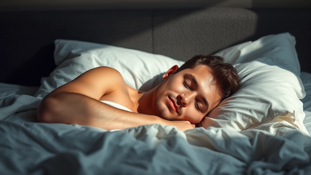 Young man sleeping peacefully in comfortable bed with dark bedroom environment, peaceful expression, morning light, showing recovery importance, realistic bedroom setting