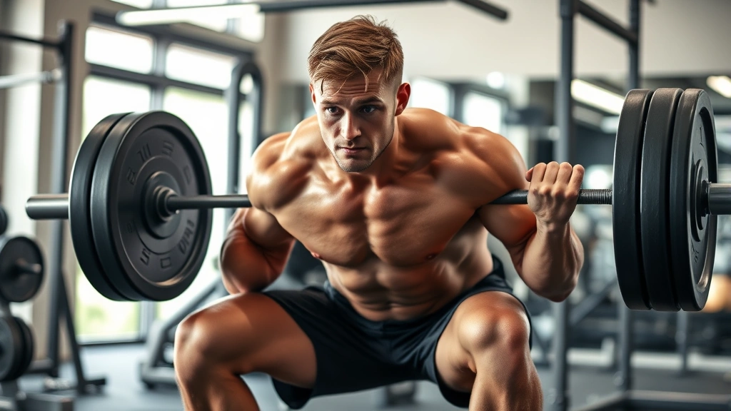 Determined athlete performing heavy barbell squat with focused intensity in modern gym, muscles engaged and face concentrated, natural lighting highlighting muscular physique and determination