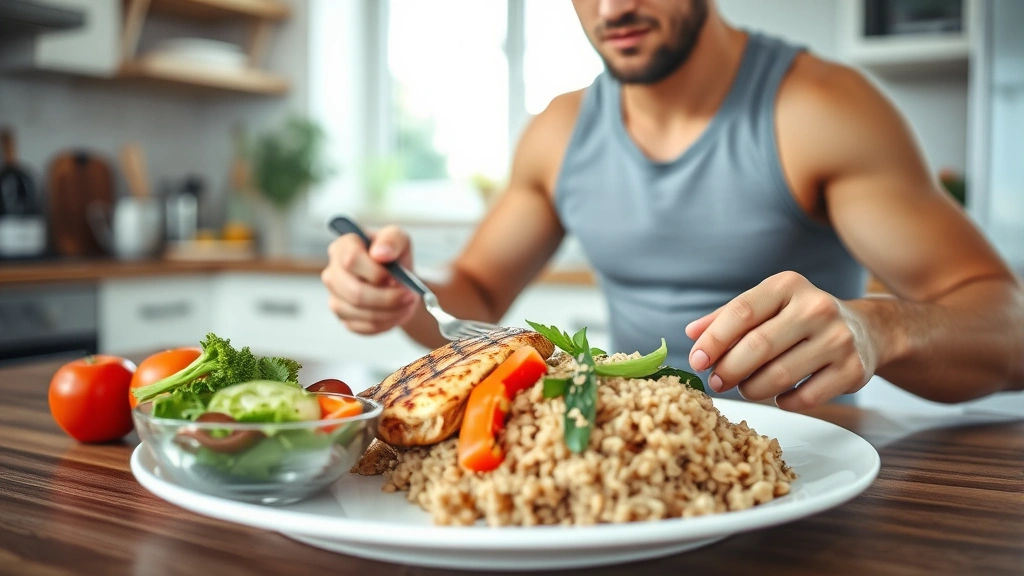 Fit person eating balanced meal with grilled chicken, brown rice, and fresh vegetables at kitchen table, bright natural window light, showing healthy nutrition preparation and dedication