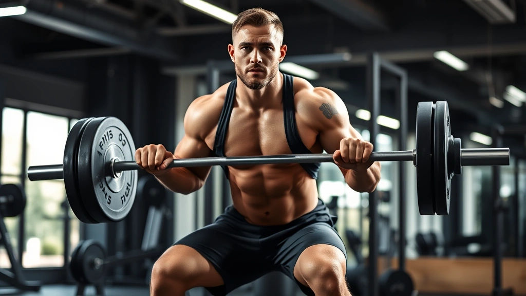 Athletic man performing heavy barbell squat with perfect form in modern gym, focused expression, strong physique, natural lighting, showing muscle engagement and strength