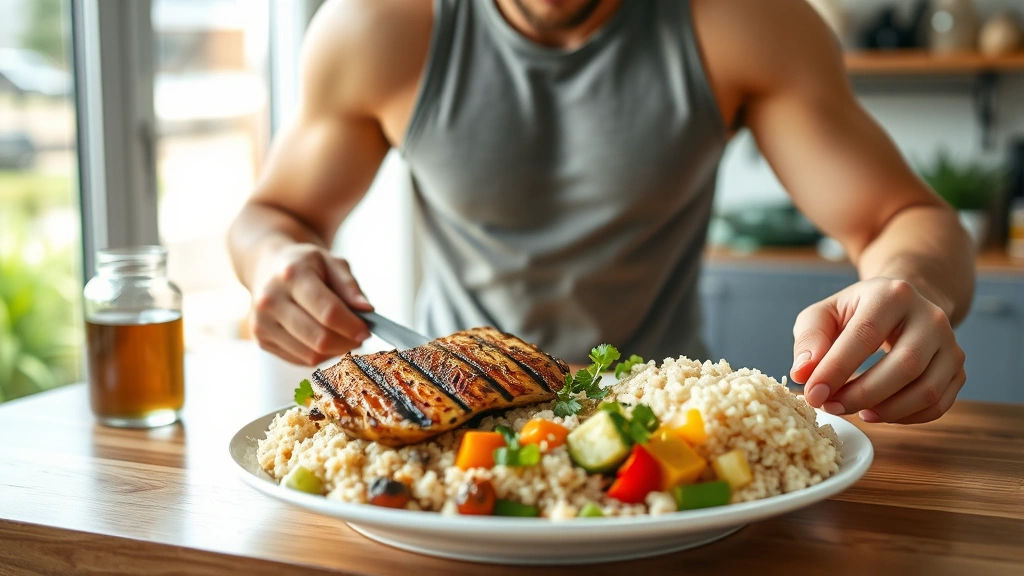 Fit person eating high-protein meal with grilled chicken, rice, and vegetables at dining table, healthy nutrition, vibrant food colors, natural daylight streaming through window