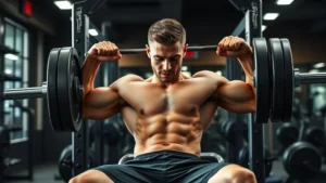Athletic male in gym performing barbell bench press with perfect form, intense focus, gym lighting, muscular physique mid-set