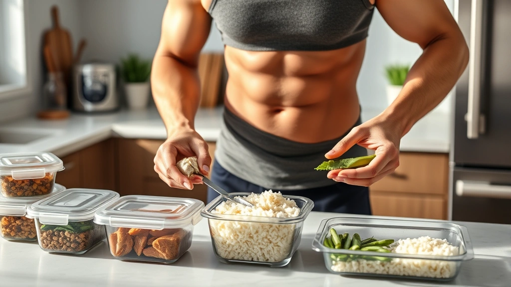 Fit person meal prepping chicken breast and rice in modern kitchen, measuring portions, organized meal containers, natural daylight