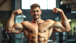 Athletic man mid-transformation flexing toned muscles in gym lighting, confident expression, natural lighting emphasizing musculature definition and strength